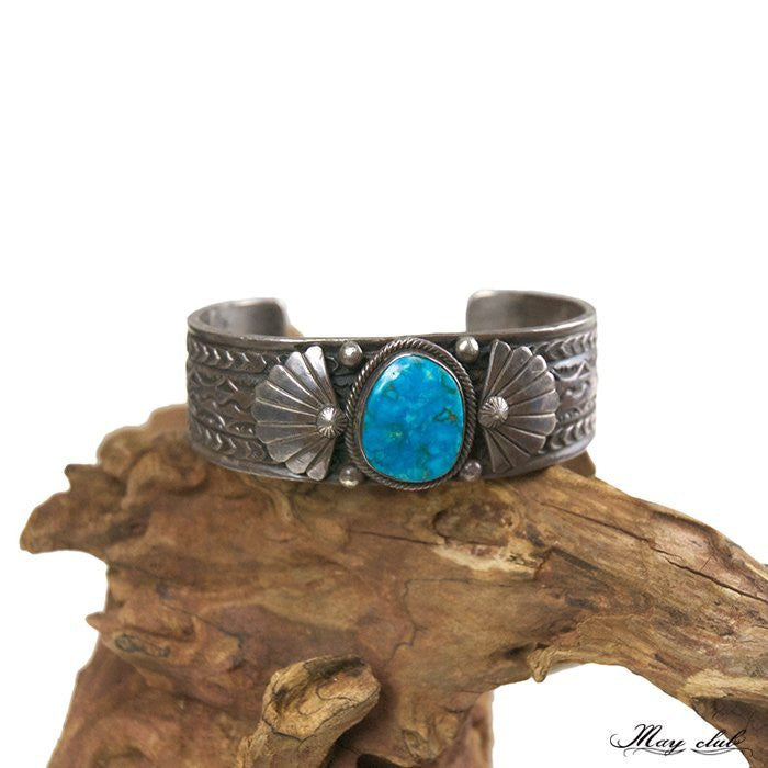 印地安 Navajo 銀繩土耳其石鑲嵌 寬版打印手環 - May club