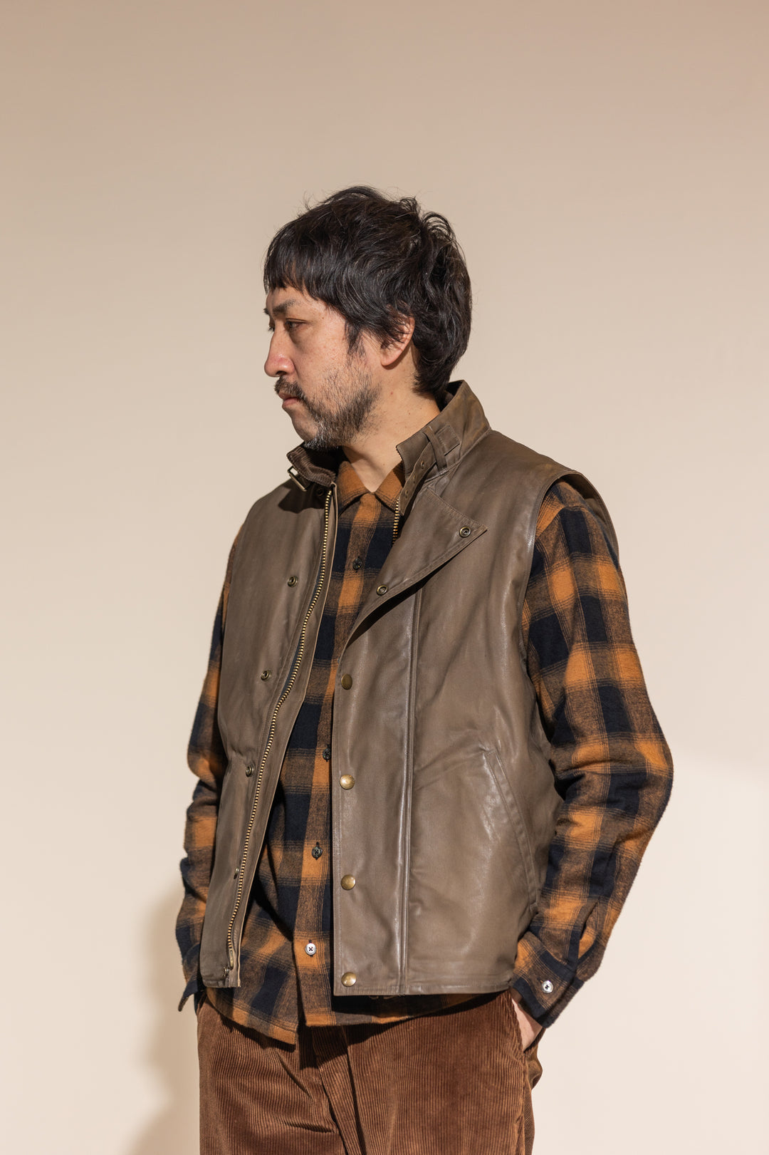 ACV-V01WX WAXED COTTON ULSTER VEST - DRY LEAVES