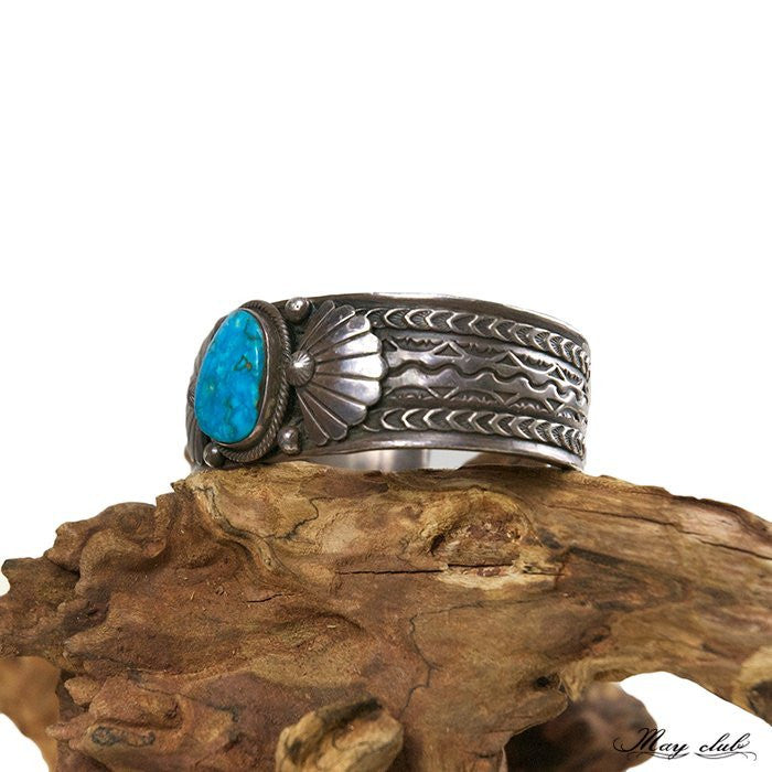 印地安 Navajo 銀繩土耳其石鑲嵌 寬版打印手環 - May club