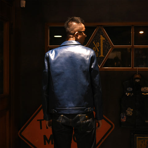 May club -【Addict Clothes】AD-03 Horsehide British Asymmetry Jacket - Vintage Blue