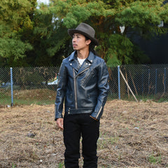 May club -【Addict Clothes】AD-03 Horsehide British Asymmetry Jacket - Dark Blue