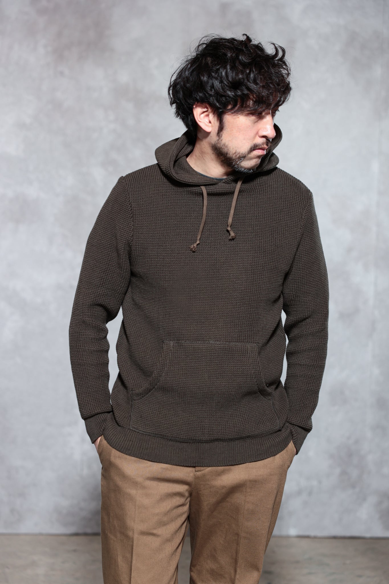 ACV-KN07 WAFFLE COTTON KNIT HOODIE - ARMY GREEN - May club